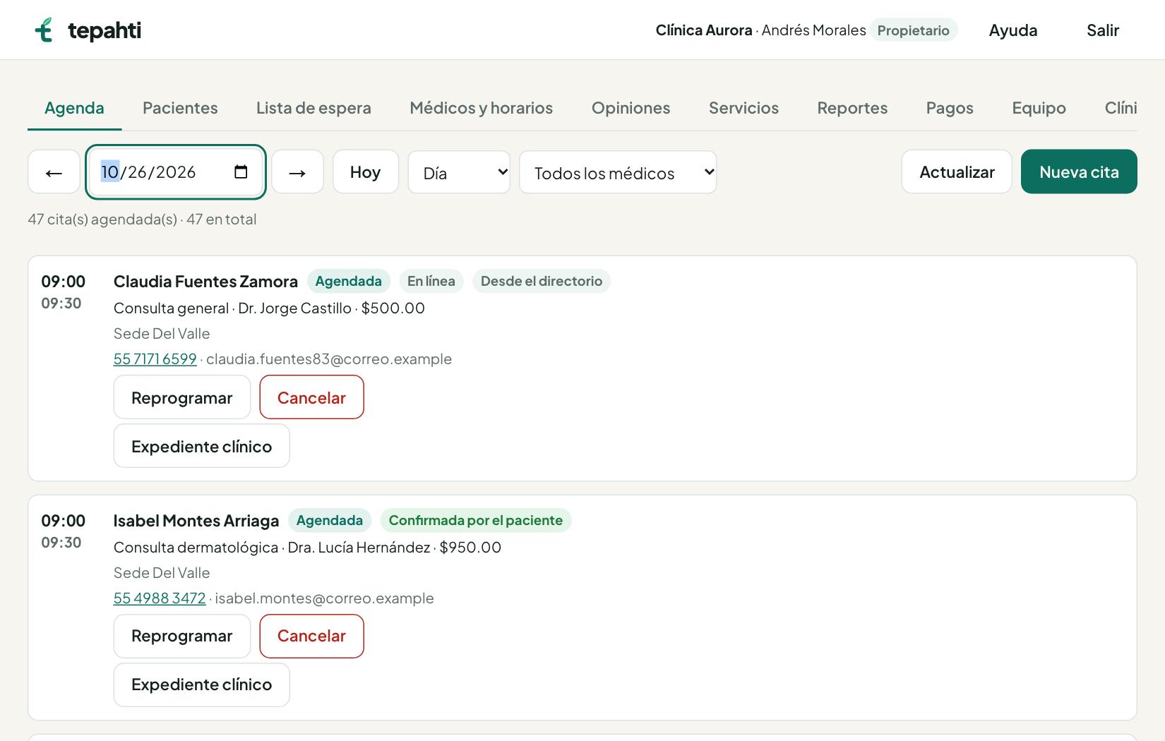 Agenda del día con las citas de los médicos