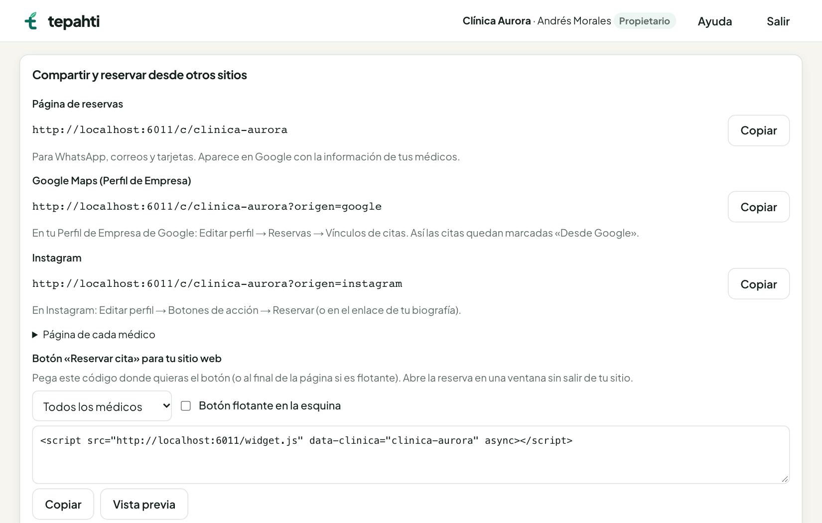 Opciones para compartir la página y el botón de reservas