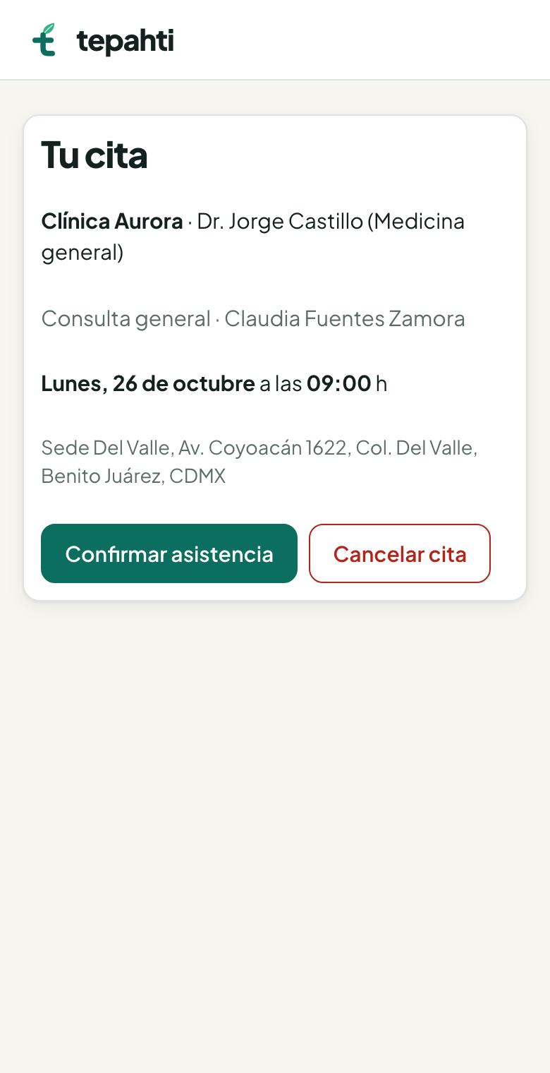 Página para que el paciente confirme o cancele su cita