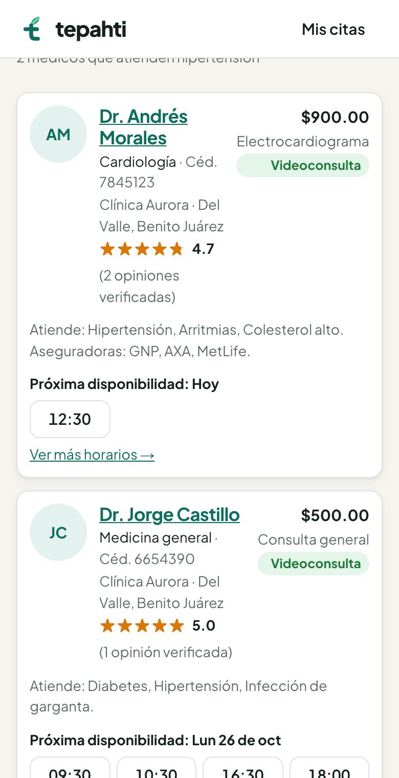 Resultados del directorio con precio, opiniones y próximos horarios