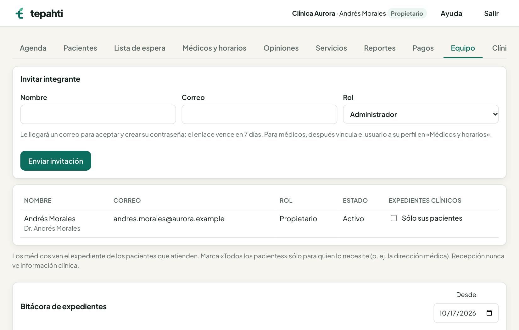Pestaña Equipo con el formulario para invitar a un integrante