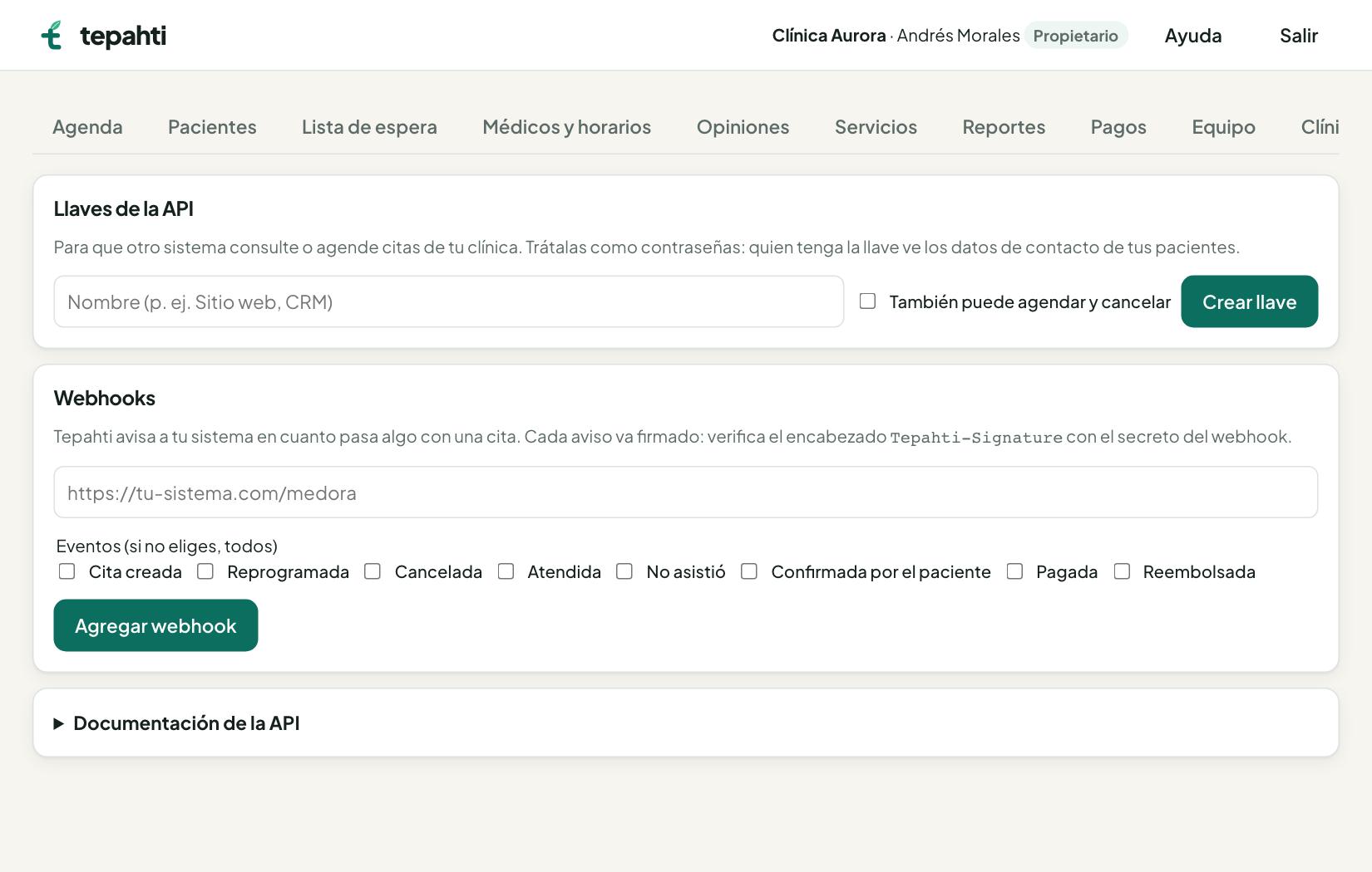 Pestaña Integraciones con llaves de la API y webhooks