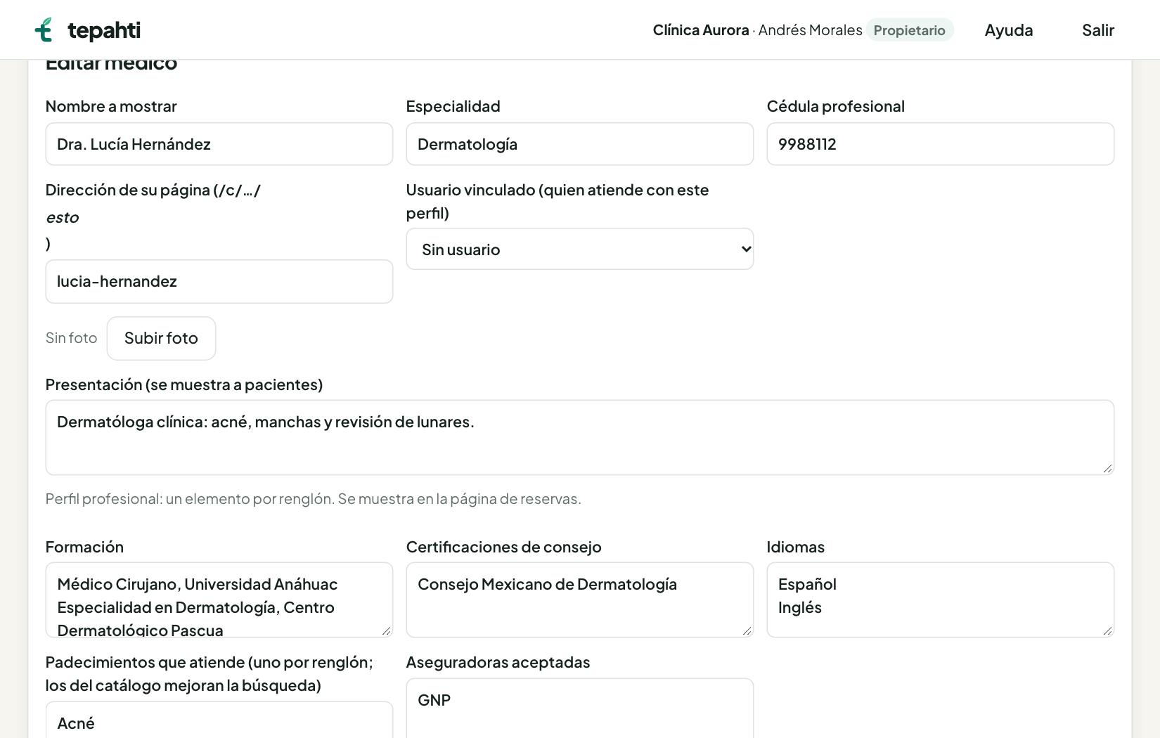Formulario para editar el perfil profesional de un médico