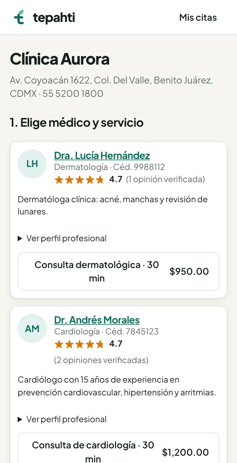 Página de reservas de la clínica vista en un celular