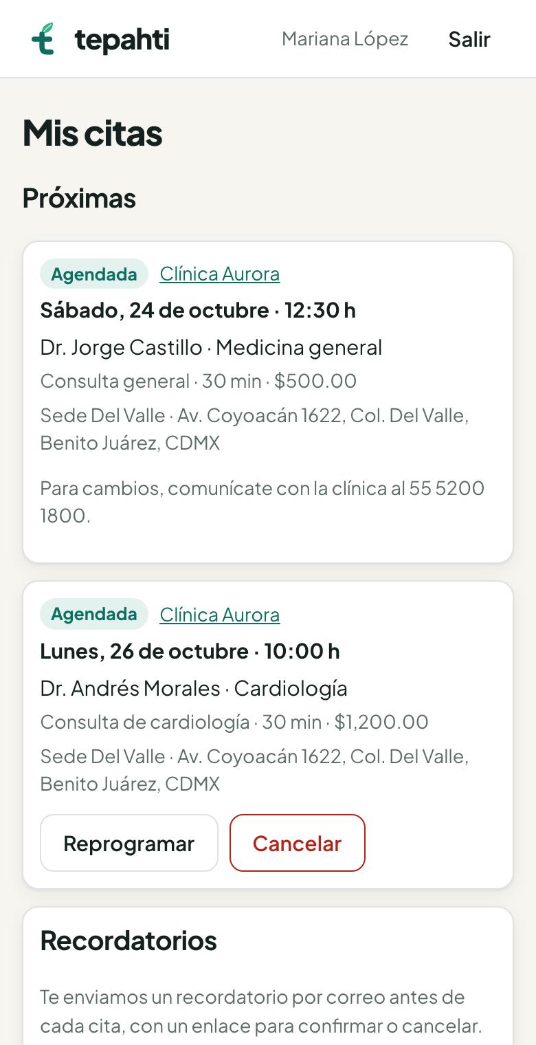 Portal del paciente con sus próximas citas