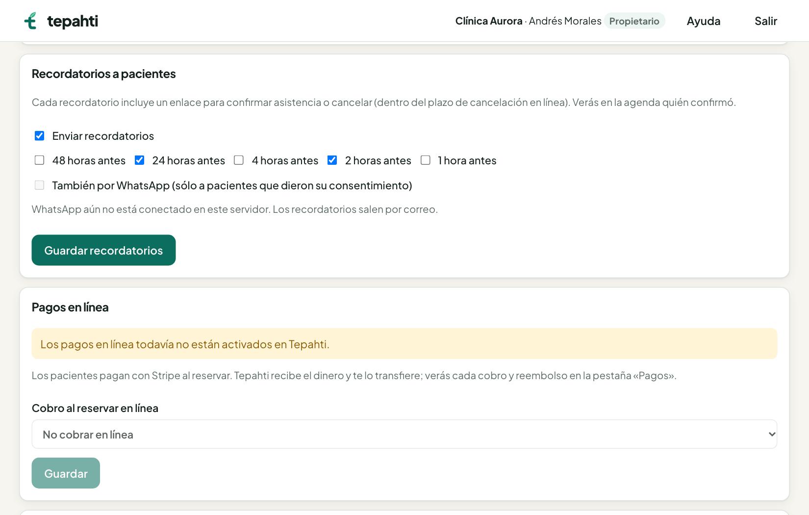 Configuración de recordatorios a pacientes
