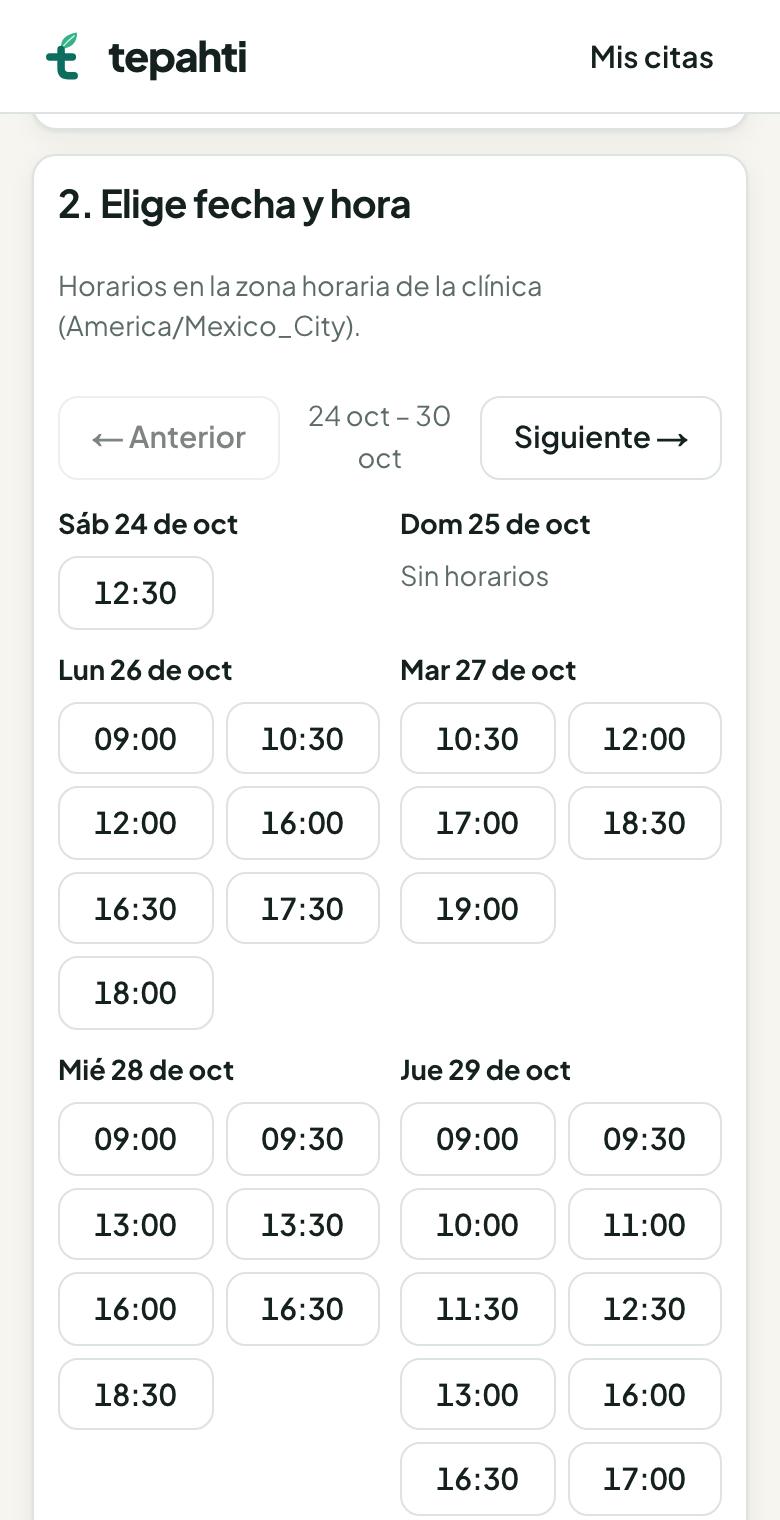 Selección de fecha y hora en la página de reservas