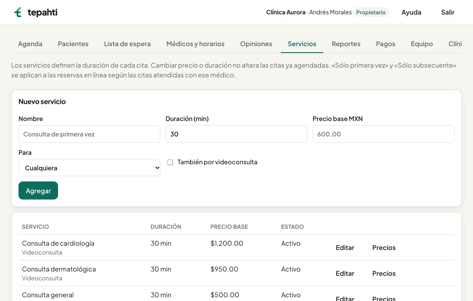Pestaña Servicios con el formulario de nuevo servicio y la lista de servicios